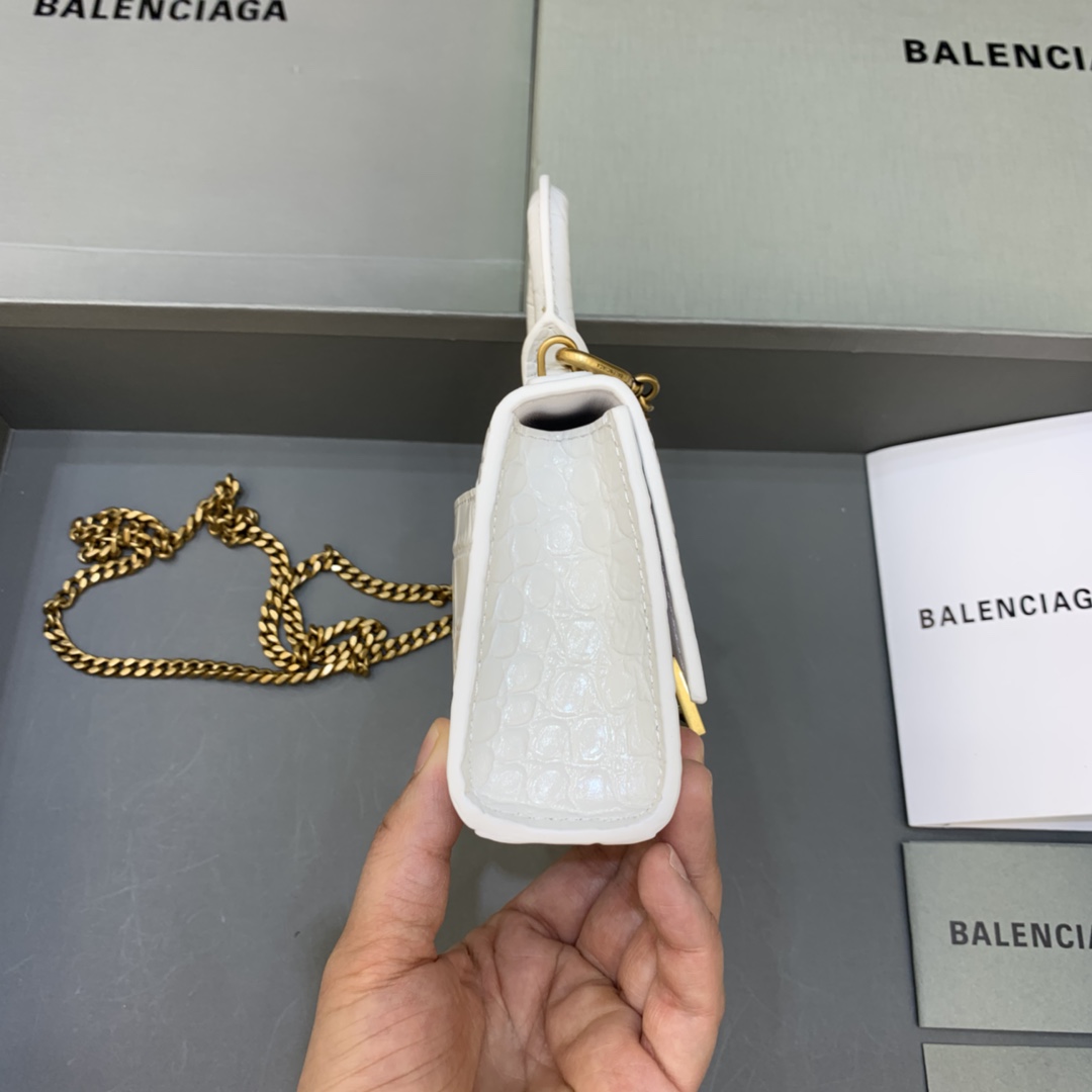 Balenciaga Hourglass Mini Handbag With Chain Crocodile Embossed Shoulder Bag White